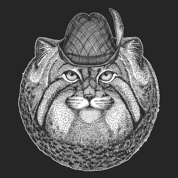 Pallas głowa kota. Oktoberfest. Tyrolski tradycyjny kapelusz. Festiwal piwa. Ręczna głowa. Portret dzikiego kota. — Wektor stockowy