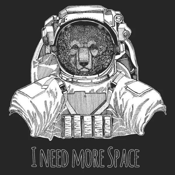 야생 곰. 우주 비행사, 스파이 맨. 우주복을 입은 야생 동물. 상징, 로고, 티 셔츠에 대한 동물의 형상. — 스톡 벡터