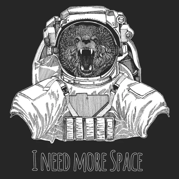 야생 곰. 우주 비행사, 스파이 맨. 우주복을 입은 야생 동물. 상징, 로고, 티 셔츠에 대한 동물의 형상. — 스톡 벡터