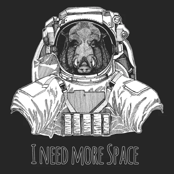 야생 돼지, 멧돼지, 돼지의 모습. 우주 비행사, 스파이 맨. 우주복을 입은 야생 동물. 용감 한 동물의 얼굴. — 스톡 벡터