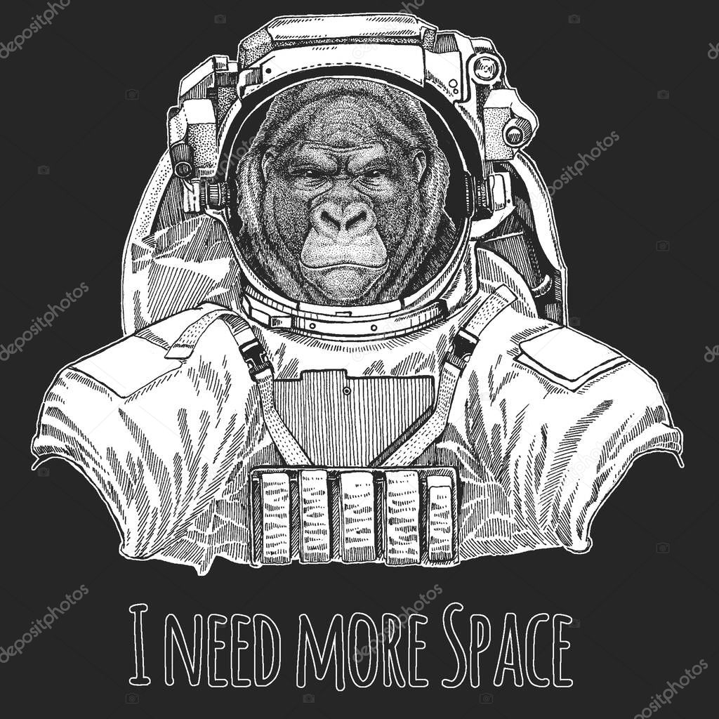 Spaceman, astronaut. Wild animal wearing space suit.