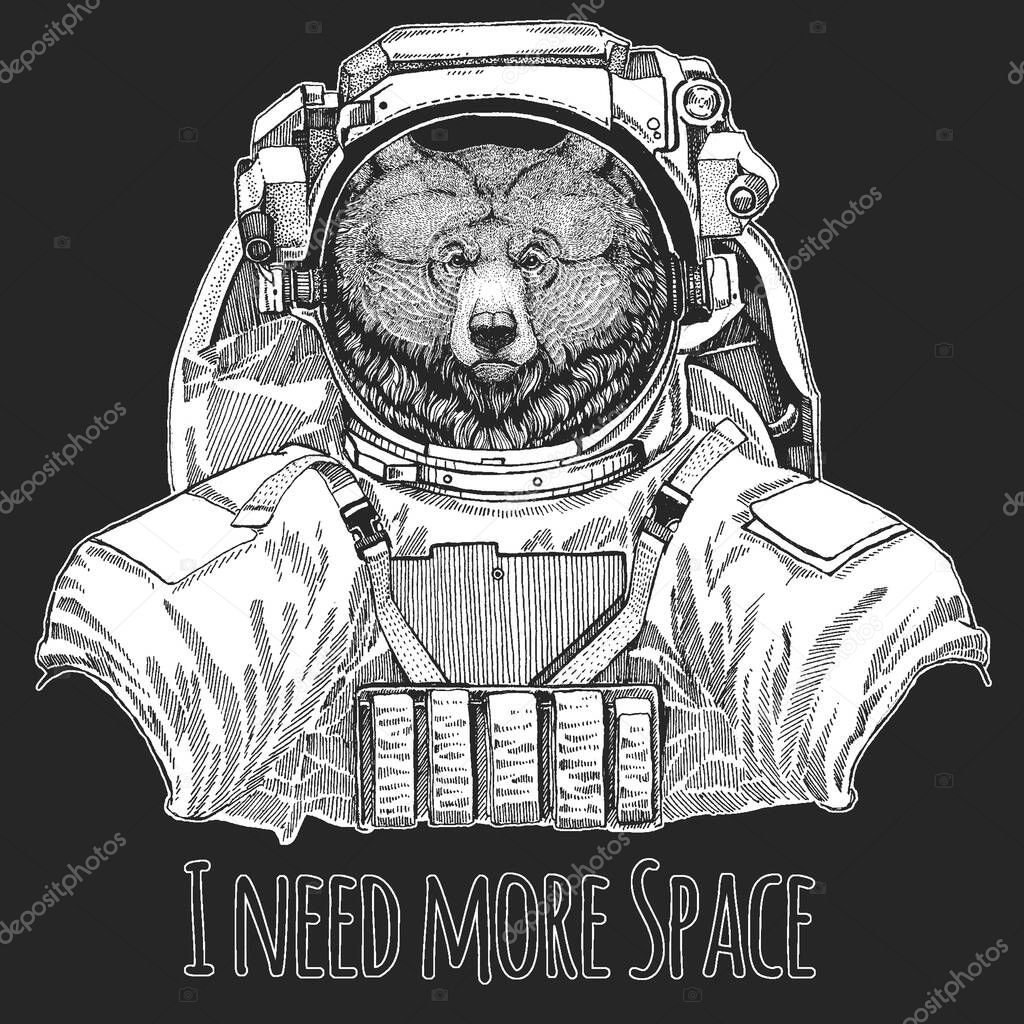 Grizzly bear. Wild animal wearing space suit. Portrait of wild animal.