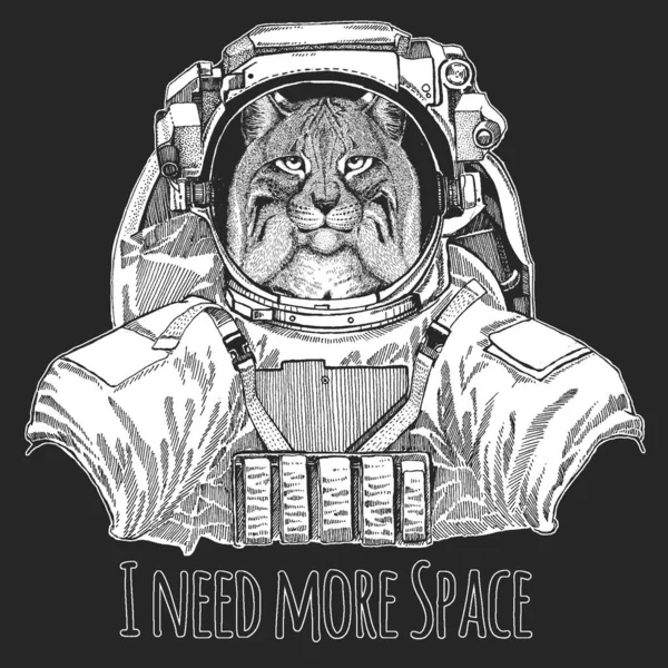 Lynx, gato montés, retrato de trote. Animal salvaje con traje espacial. Cabeza de gato salvaje. Cara animal . — Vector de stock