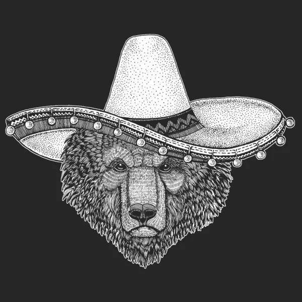 Άγριο αρκουδάκι. Το σομπρέρο είναι παραδοσιακό μεξικάνικο καπέλο. Μεξικό. Προσωπογραφία ζώου για έμβλημα, λογότυπο, μπλουζάκι. — Διανυσματικό Αρχείο