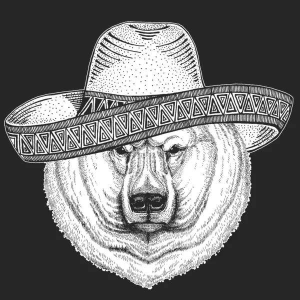 Ritratto dell'orso polare. Sombrero è un tradizionale cappello messicano. Messico. Testa di animale selvatico — Vettoriale Stock
