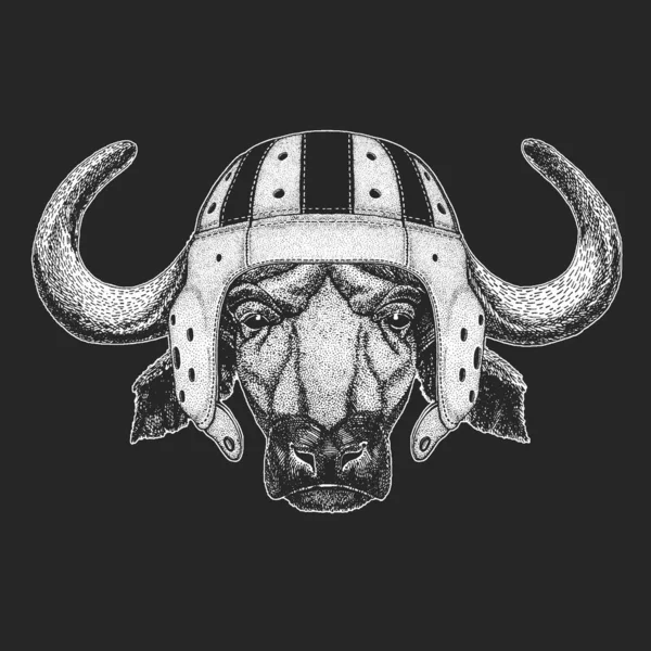 Portrait de buffle, bison, taureau, vache. Casque de rugby en cuir. Visage de l'animal . — Image vectorielle