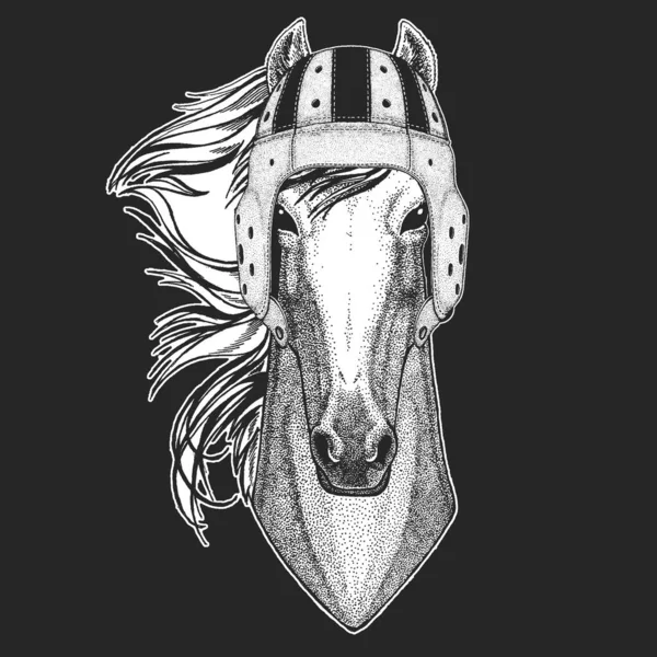 马，马，猎手。橄榄球皮革头盔。野生动物的肖像. — 图库矢量图片