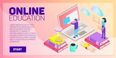 Isometric çevrimiçi eğitim vektör pankartı. E-öğrenme. Hayal gücü ve yaratıcılık.