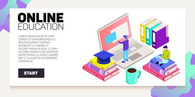Isometric çevrimiçi eğitim vektör pankartı. E-öğrenme. Hayal gücü ve yaratıcılık.