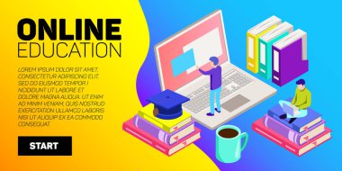 Isometric çevrimiçi eğitim vektör pankartı. E-öğrenme. Hayal gücü ve yaratıcılık.