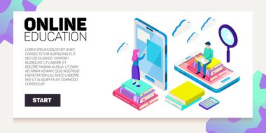 Isometric çevrimiçi eğitim vektör pankartı. E-öğrenme. Hayal gücü ve yaratıcılık.