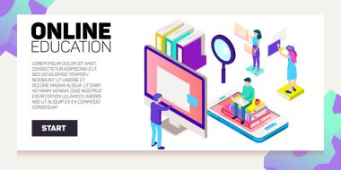Isometric çevrimiçi eğitim vektör pankartı. E-öğrenme. Hayal gücü ve yaratıcılık.