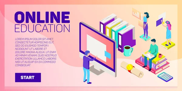 Isométrico banner de vector de educación en línea. E-learning. Imaginación y creatividad . — Vector de stock