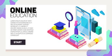 Isometric çevrimiçi eğitim vektör pankartı. E-öğrenme. Hayal gücü ve yaratıcılık.