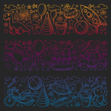 Oyuncak seti. Vektör düz çizgi film çizimi. Tahta ve plastik oyuncaklar, eğlence ve aktivite. Anaokulu, kreş..