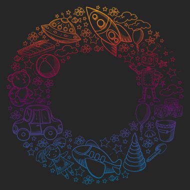 Oyuncak seti. Vektör düz çizgi film çizimi. Tahta ve plastik oyuncaklar, eğlence ve aktivite. Anaokulu, kreş..