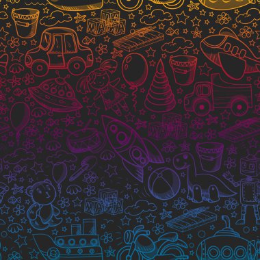 Oyuncak seti. Vektör düz çizgi film çizimi. Tahta ve plastik oyuncaklar, eğlence ve aktivite. Anaokulu, kreş..