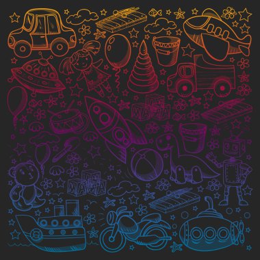 Oyuncak seti. Vektör düz çizgi film çizimi. Tahta ve plastik oyuncaklar, eğlence ve aktivite. Anaokulu, kreş..