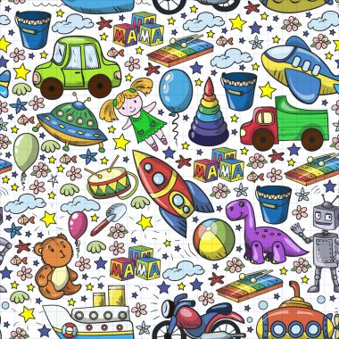 Oyuncak seti. Vektör düz çizgi film çizimi. Tahta ve plastik oyuncaklar, eğlence ve aktivite. Anaokulu, kreş..