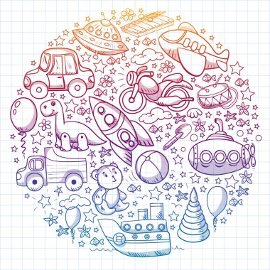 Oyuncak seti. Vektör düz çizgi film çizimi. Tahta ve plastik oyuncaklar, eğlence ve aktivite. Anaokulu, kreş..