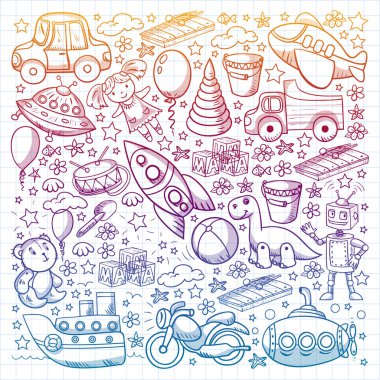 Oyuncak seti. Vektör düz çizgi film çizimi. Tahta ve plastik oyuncaklar, eğlence ve aktivite. Anaokulu, kreş..