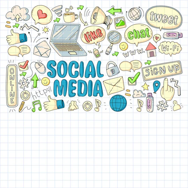 Media społecznościowe, biznes, ikony zarządzania wektorami. Marketing internetowy, komunikacja. — Wektor stockowy