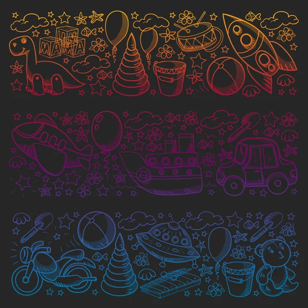 Oyuncak seti. Vektör düz çizgi film çizimi. Tahta ve plastik oyuncaklar, eğlence ve aktivite. Anaokulu, kreş..