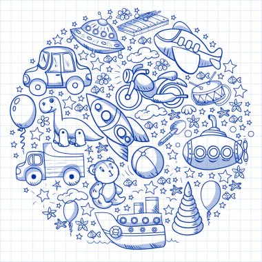 Oyuncak seti. Vektör düz çizgi film çizimi. Tahta ve plastik oyuncaklar, eğlence ve aktivite. Anaokulu, kreş..