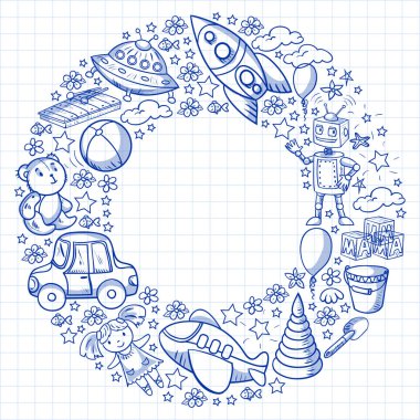 Oyuncak seti. Vektör düz çizgi film çizimi. Tahta ve plastik oyuncaklar, eğlence ve aktivite. Anaokulu, kreş..