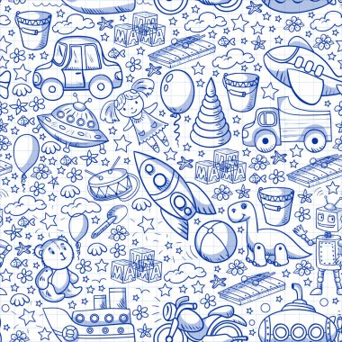 Oyuncak seti. Vektör düz çizgi film çizimi. Tahta ve plastik oyuncaklar, eğlence ve aktivite. Anaokulu, kreş..