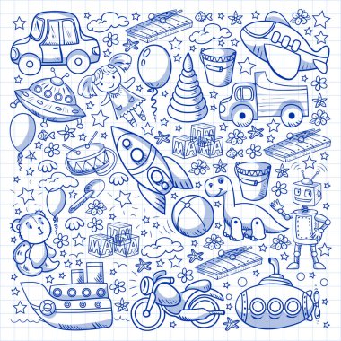 Oyuncak seti. Vektör düz çizgi film çizimi. Tahta ve plastik oyuncaklar, eğlence ve aktivite. Anaokulu, kreş..