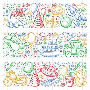 Oyuncak seti. Vektör düz çizgi film çizimi. Tahta ve plastik oyuncaklar, eğlence ve aktivite. Anaokulu, kreş..