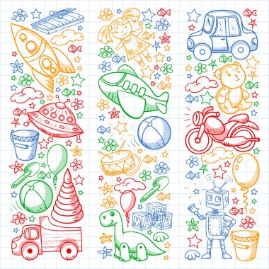 Oyuncak seti. Vektör düz çizgi film çizimi. Tahta ve plastik oyuncaklar, eğlence ve aktivite. Anaokulu, kreş..