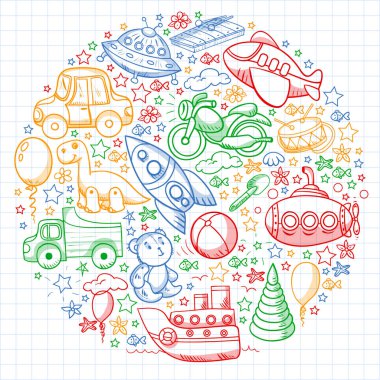 Oyuncak seti. Vektör düz çizgi film çizimi. Tahta ve plastik oyuncaklar, eğlence ve aktivite. Anaokulu, kreş..