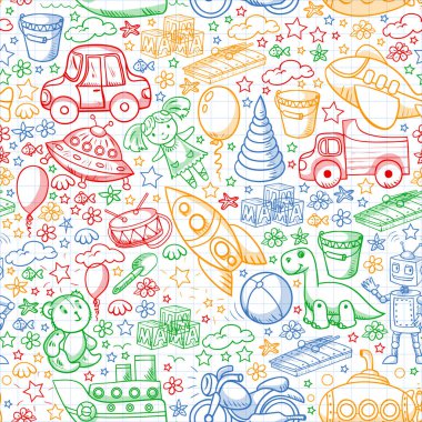 Oyuncak seti. Vektör düz çizgi film çizimi. Tahta ve plastik oyuncaklar, eğlence ve aktivite. Anaokulu, kreş..