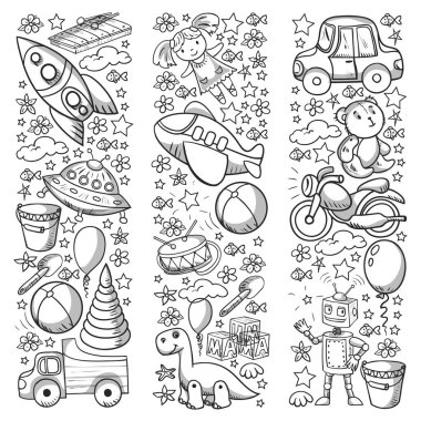 Oyuncak seti. Vektör düz çizgi film çizimi. Tahta ve plastik oyuncaklar, eğlence ve aktivite. Anaokulu, kreş..