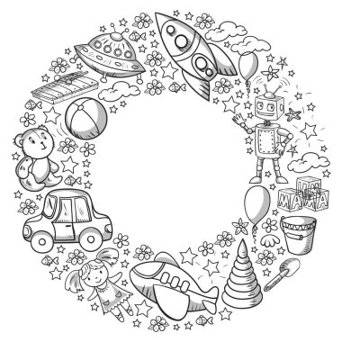 Oyuncak seti. Vektör düz çizgi film çizimi. Tahta ve plastik oyuncaklar, eğlence ve aktivite. Anaokulu, kreş..