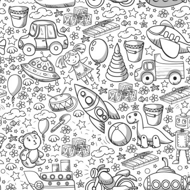 Oyuncak seti. Vektör düz çizgi film çizimi. Tahta ve plastik oyuncaklar, eğlence ve aktivite. Anaokulu, kreş..