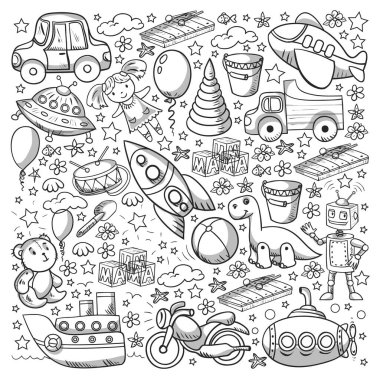 Oyuncak seti. Vektör düz çizgi film çizimi. Tahta ve plastik oyuncaklar, eğlence ve aktivite. Anaokulu, kreş..