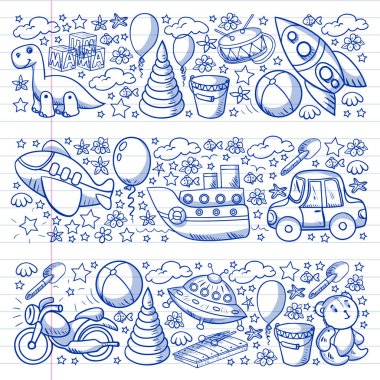 Oyuncak seti. Vektör düz çizgi film çizimi. Tahta ve plastik oyuncaklar, eğlence ve aktivite. Anaokulu, kreş..