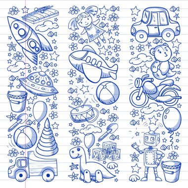 Oyuncak seti. Vektör düz çizgi film çizimi. Tahta ve plastik oyuncaklar, eğlence ve aktivite. Anaokulu, kreş..