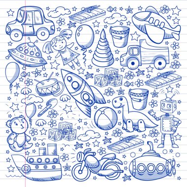 Oyuncak seti. Vektör düz çizgi film çizimi. Tahta ve plastik oyuncaklar, eğlence ve aktivite. Anaokulu, kreş..