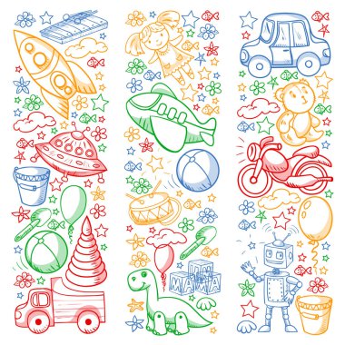 Oyuncak seti. Vektör düz çizgi film çizimi. Tahta ve plastik oyuncaklar, eğlence ve aktivite. Anaokulu, kreş..