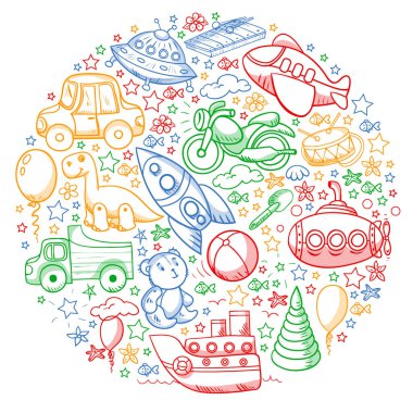 Oyuncak seti. Vektör düz çizgi film çizimi. Tahta ve plastik oyuncaklar, eğlence ve aktivite. Anaokulu, kreş..