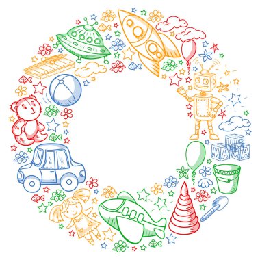 Oyuncak seti. Vektör düz çizgi film çizimi. Tahta ve plastik oyuncaklar, eğlence ve aktivite. Anaokulu, kreş..