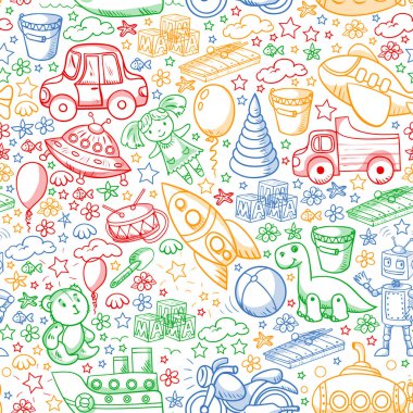 Oyuncak seti. Vektör düz çizgi film çizimi. Tahta ve plastik oyuncaklar, eğlence ve aktivite. Anaokulu, kreş..