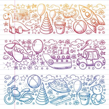 Oyuncak seti. Vektör düz çizgi film çizimi. Tahta ve plastik oyuncaklar, eğlence ve aktivite. Anaokulu, kreş..