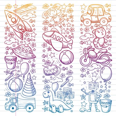 Oyuncak seti. Vektör düz çizgi film çizimi. Tahta ve plastik oyuncaklar, eğlence ve aktivite. Anaokulu, kreş..