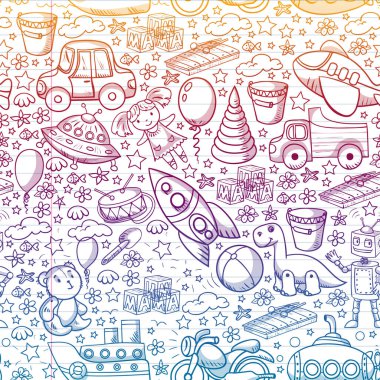 Oyuncak seti. Vektör düz çizgi film çizimi. Tahta ve plastik oyuncaklar, eğlence ve aktivite. Anaokulu, kreş..