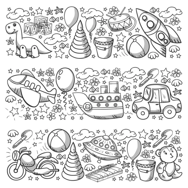 Oyuncak seti. Vektör düz çizgi film çizimi. Tahta ve plastik oyuncaklar, eğlence ve aktivite. Anaokulu, kreş..